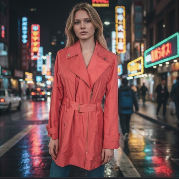 Michael Kors Orange Trench Coat  Notched Lapels,Zipper Front, Belt Sz M - Picture 1 of 12